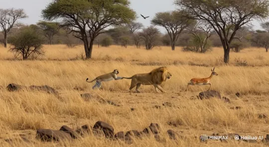 Lion Pursues Deer in Drought-Stricken African Savanna – AI Generated Video | Hailuo AI