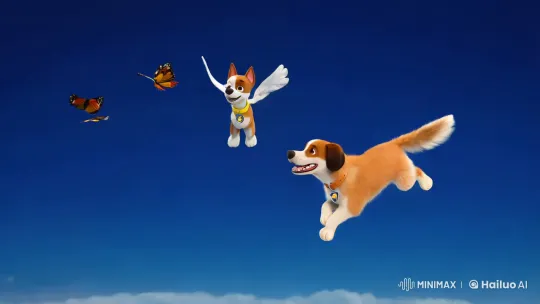 A Dreamy Flight with a Flying Dog and Butterflies – AI Generated Video | Hailuo AI