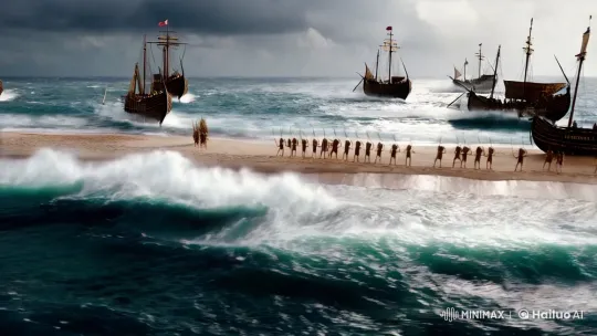 High Aesthetic Film Clip: French Fleet Meets Natives Amid Storm – AI Generated Video | Hailuo AI