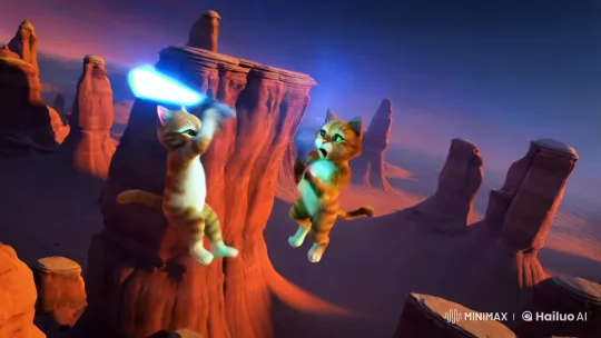 Animated Cats Duel in Star Wars-Inspired Sci-Fi Landscape – AI Generated Video | Hailuo AI