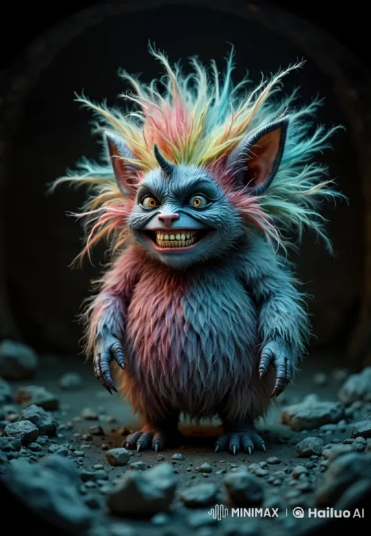 Magical Creature with Electric Rainbow Fur in Rocky Environment – AI Generated Video | Hailuo AI