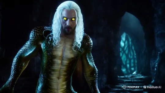 Fantasy Cinema: Serpent-Eyed Man in Atmospheric Dungeon – AI Generated Video | Hailuo AI