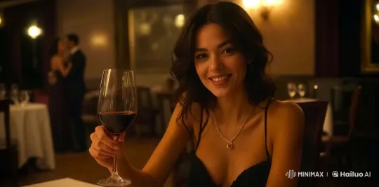 Woman Toasts with Red Wine in Elegant Restaurant – AI Generated Video | Hailuo AI