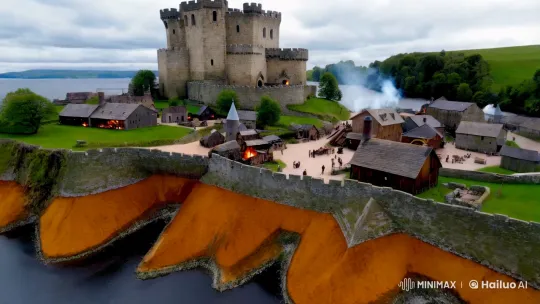 Medieval Castle and Village Flyover Panorama – AI Generated Video | Hailuo AI