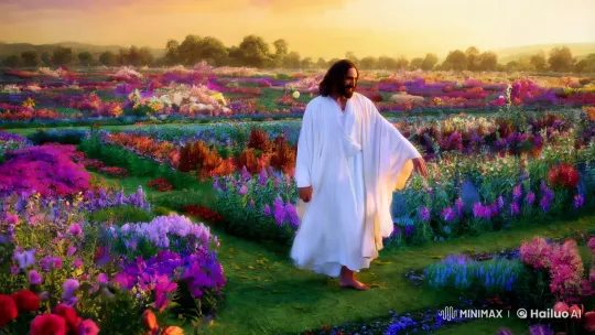 Jesus Dances in Colorful Flower Garden at Sunset – AI Generated Video | Hailuo AI