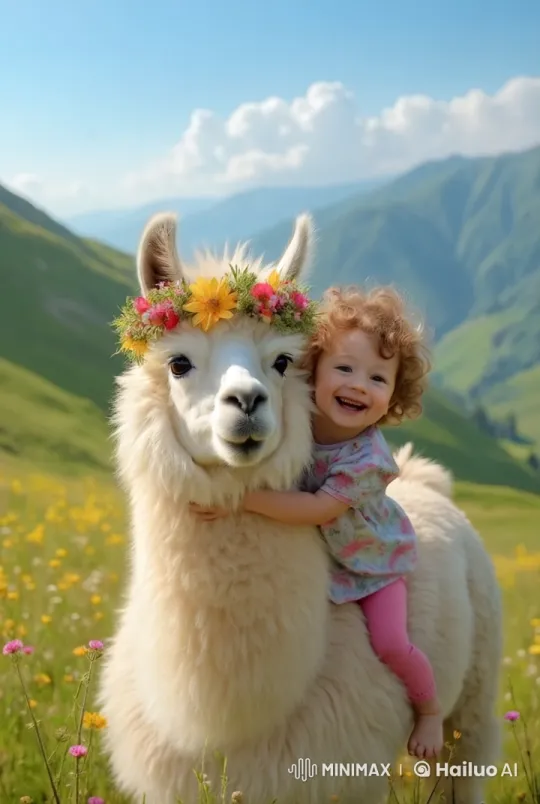 Llama with Crown Walks Through Meadow with Joyful Baby – AI Generated Video | Hailuo AI