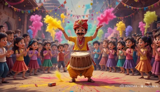 Vibrant Holi Celebration with Kids and Music – AI Generated Video | Hailuo AI