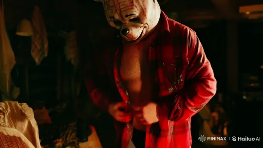 Sinister Bear Mask: A Grisly Unveiling in Shadows – AI Generated Video | Hailuo AI