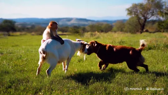 Animals frolic in sunlit meadow, captured cinematically – AI Generated Video | Hailuo AI