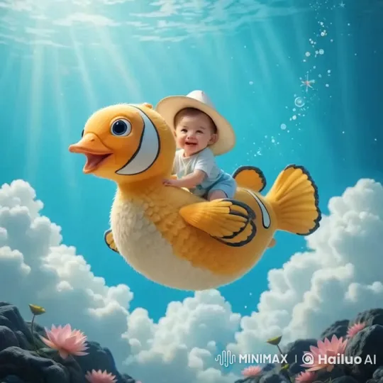 Child Rides a Cheerful Fish in a Dreamy Sky – AI Generated Video | Hailuo AI