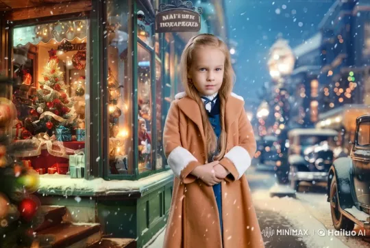 Winter Wonderland: A Festive Street Scene with Vintage Cars and Cheerful Girl – AI Generated Video | Hailuo AI