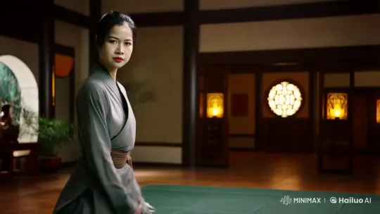 Female Fighter Showcases Mastery in Dramatic Dojo Scene – AI Generated Video | Hailuo AI
