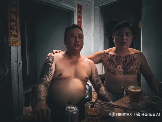 Two Tattooed Men Enjoying Drinks and Friendship – AI Generated Video | Hailuo AI