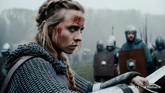 Determined Female Warrior Surveys Chaotic Medieval Battlefield – AI Generated Video | Hailuo AI