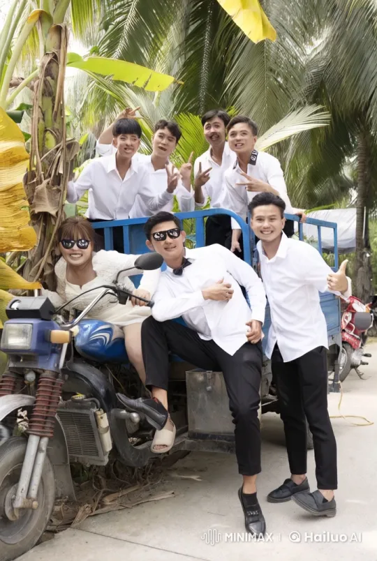 Martial Artists Perform Kung Fu on Tuk-Tuk in Tropical Setting – AI Generated Video | Hailuo AI