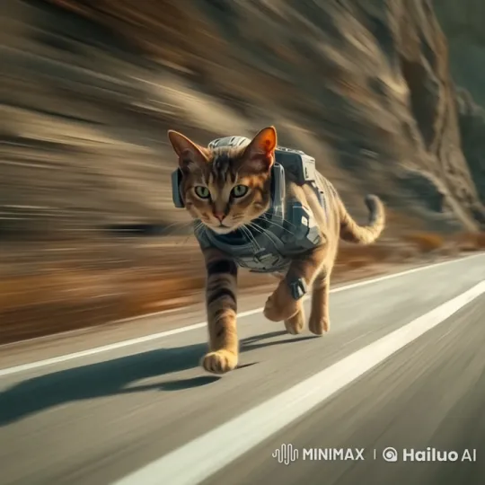 High-Tech Armored Cat Navigates Explosions at High Speed – AI Generated Video | Hailuo AI