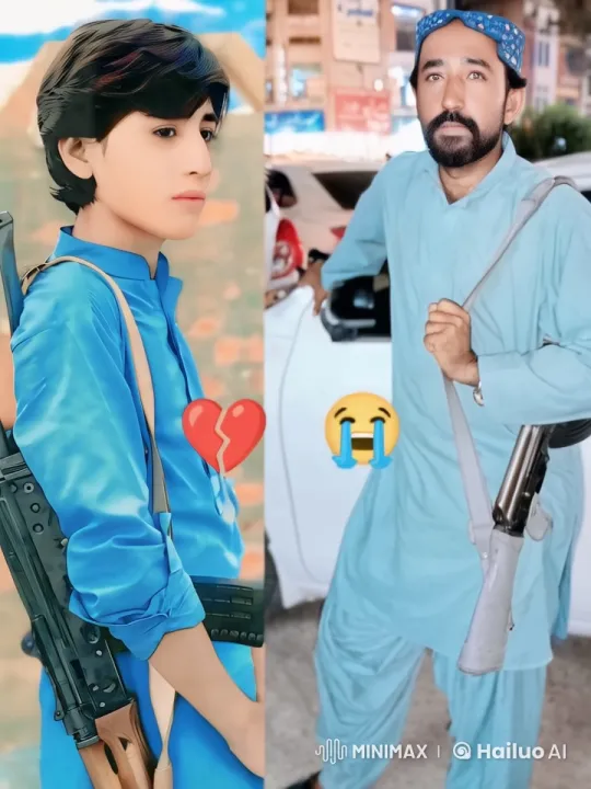 Young Person in Traditional Outfit with Rifle and Cracked Heart Emoji, Near White Car with Individual Holding Flashlight and Crying Face Emoji, Conveying Sadness and Emotional Weight – AI Generated Video | Hailuo AI
