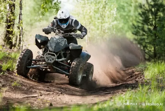 Camouflage Biker Rides ATV Through Forest to KFC Stand – AI Generated Video | Hailuo AI