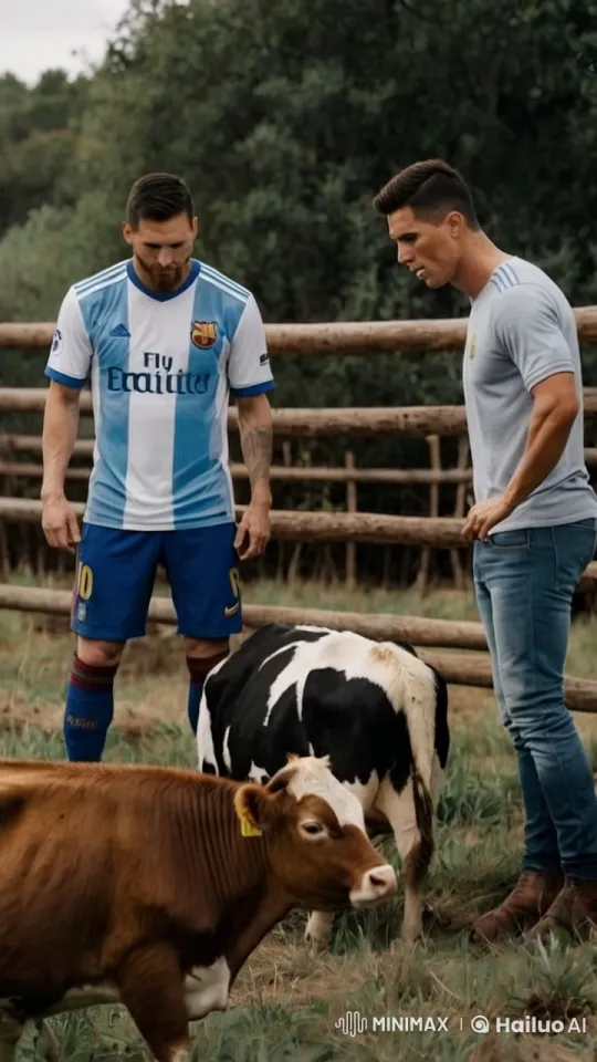 Football Stars Messi and Ronaldo Care for Cows on Ranch – AI Generated Video | Hailuo AI