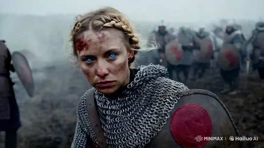 Determined Female Warrior in Medieval Battle Scene – AI Generated Video | Hailuo AI
