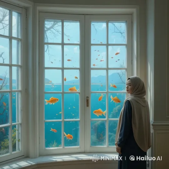 Woman in Hijab Watches Mesmerizing Underwater Goldfish Scene – AI Generated Video | Hailuo AI