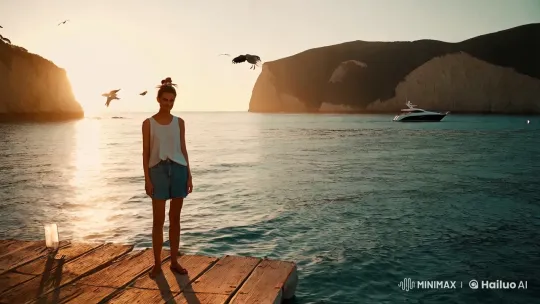 Contemplative Beauty on a Tranquil Seaside Dock – AI Generated Video | Hailuo AI