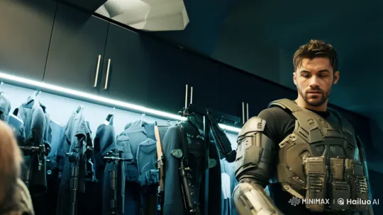 Rugged Soldier Equips Futuristic Armor in High-Tech Armory – AI Generated Video | Hailuo AI