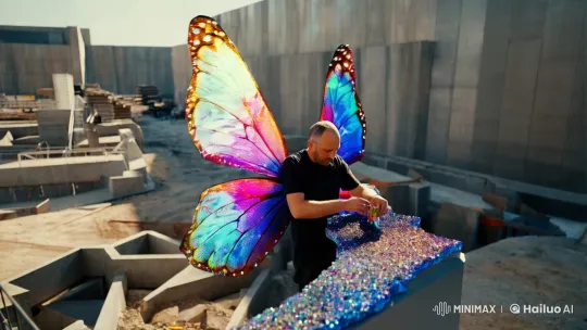 Man with Butterfly Wings Works on Construction Site – AI Generated Video | Hailuo AI