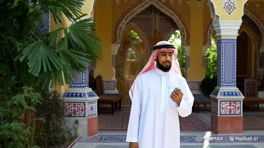Middle Eastern Man Reflects in Ornate Courtyard – AI Generated Video | Hailuo AI