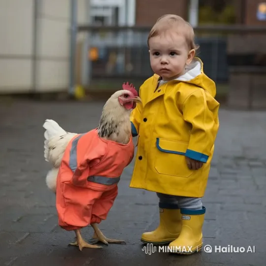 Child and Chicken Playfully Interact on Wet Pavement – AI Generated Video | Hailuo AI