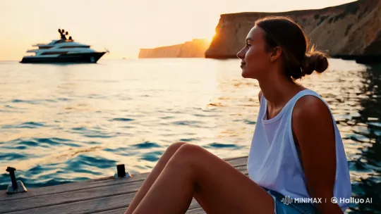 Young Woman Reflects on Ocean at Dusk with Luxury Yacht in Background – AI Generated Video | Hailuo AI