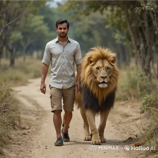Man and Lion Walk in Peaceful Forest Harmony – AI Generated Video | Hailuo AI