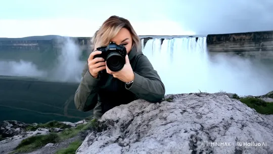 Blonde Woman Captures Dramatic Landscape Amidst Winds – AI Generated Video | Hailuo AI