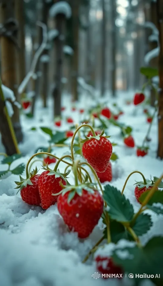 Serene Winter Forest: Vibrant Strawberries in Slow-Motion 4K – AI Generated Video | Hailuo AI