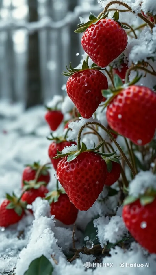 Vibrant Red Strawberries Under Fresh Snow in 4K Live2D Animation – AI Generated Video | Hailuo AI