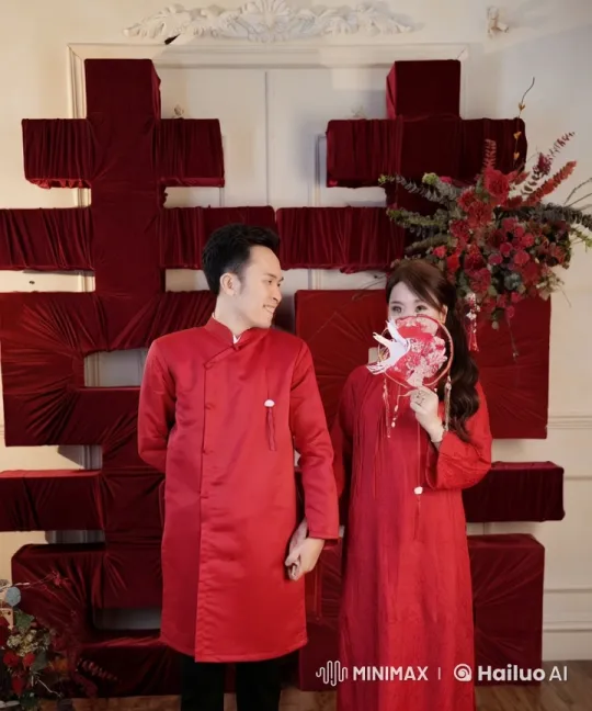 Couple Demonstrates Synchronized Kung Fu in Red-Themed Setting – AI Generated Video | Hailuo AI