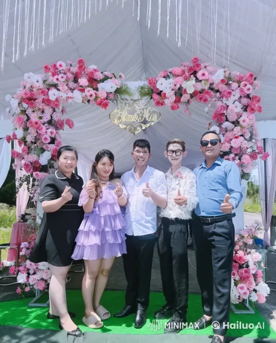 Five Individuals Perform Dynamic Kung Fu Under Floral Archway – AI Generated Video | Hailuo AI
