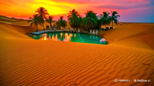 Desert Oasis: Golden Sands and Twilight Sky – AI Generated Video | Hailuo AI