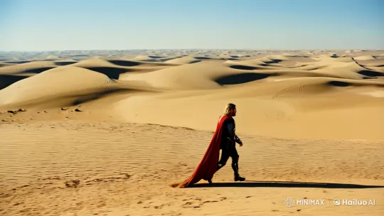 Thor Strides Through Golden Sands in Majestic Desert Scene – AI Generated Video | Hailuo AI