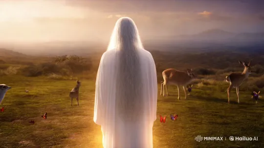 Divine Figure Leads Wildlife Parade in Ethereal Landscape – AI Generated Video | Hailuo AI
