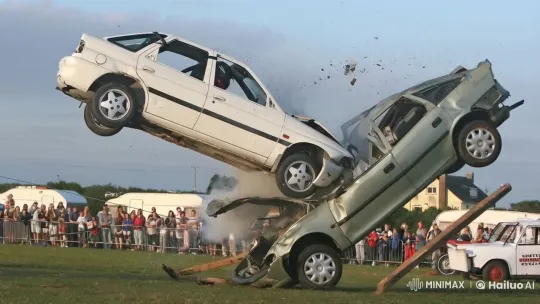 White Car Collides with Green Car, Mid-Air Impact – AI Generated Video | Hailuo AI