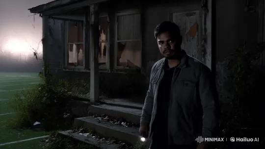 Man Approaches Ominous Abandoned House on Football Field – AI Generated Video | Hailuo AI