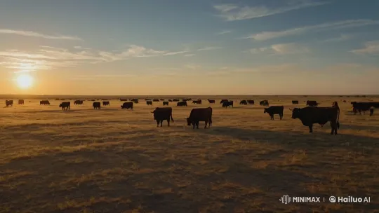 Texas Countryside: Cattle Grazing at Sunset – AI Generated Video | Hailuo AI