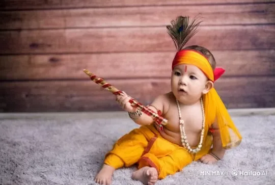 Baby in Krishna Costume Joyfully Plays on Carpet – AI Generated Video | Hailuo AI
