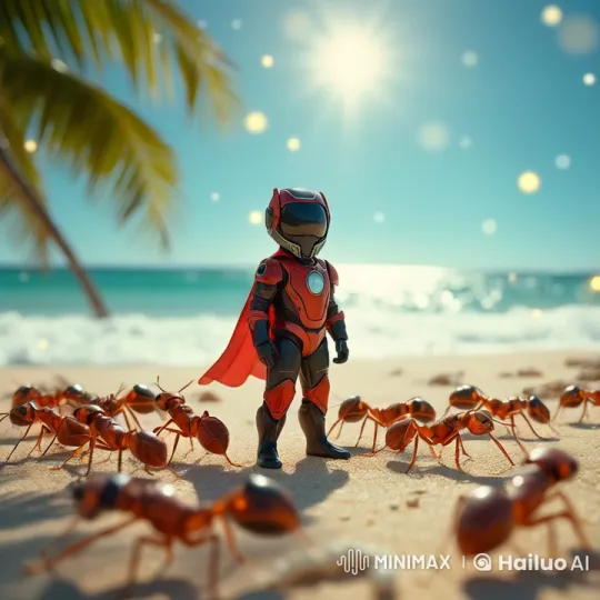 Robotic Hero Stands Amidst Busy Beach Ants – AI Generated Video | Hailuo AI