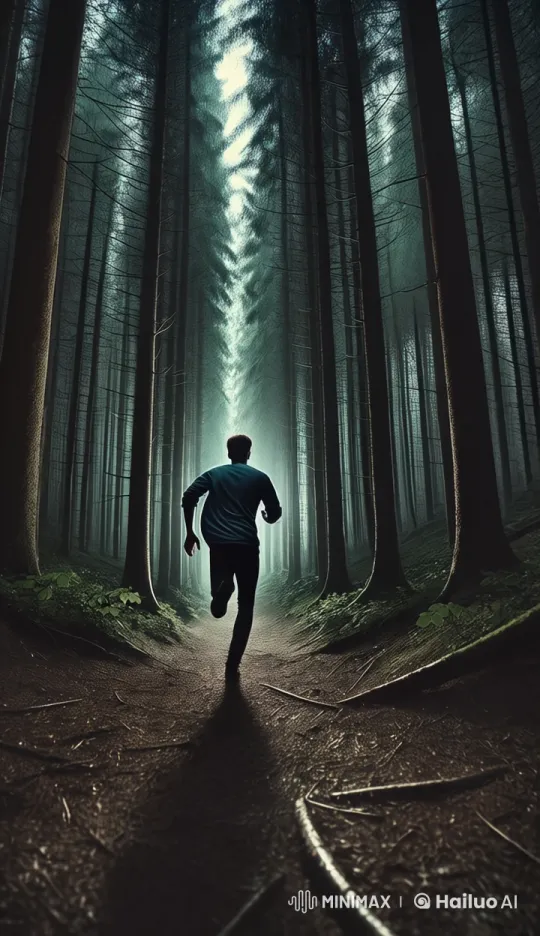 Mysterious Man's Urgent Sprint Through Shaded Forest – AI Generated Video | Hailuo AI