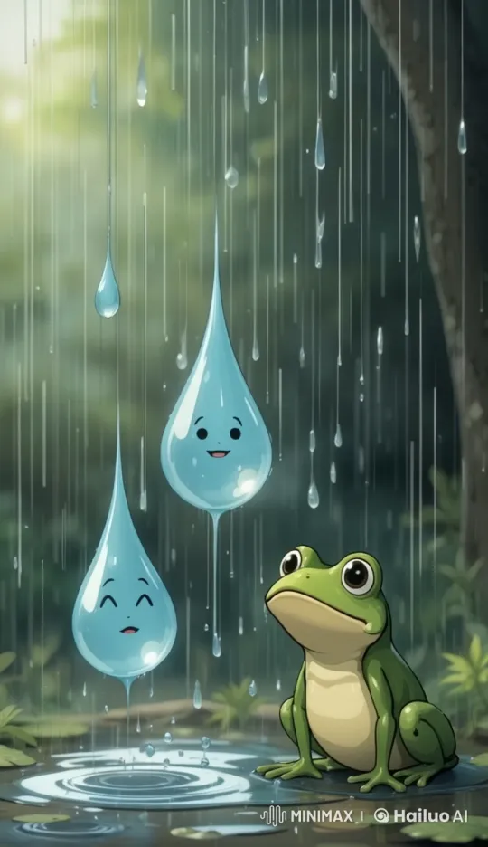 Animated Raindrops and Curious Frog in Tranquil Forest – AI Generated Video | Hailuo AI