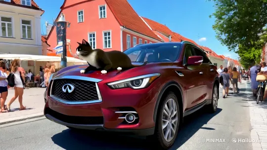 Anthropomorphic Cat Drives Infiniti FX 35 Through Tallinn – AI Generated Video | Hailuo AI