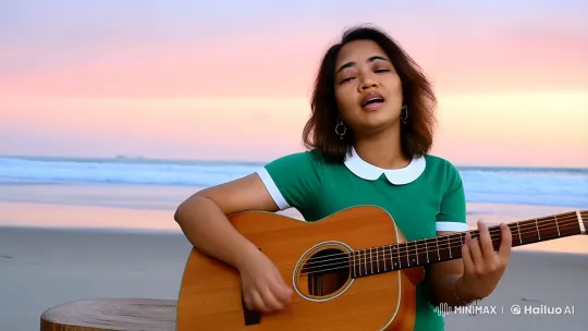 Woman Singing and Playing Guitar on the Beach at Dusk – AI Generated Video | Hailuo AI
