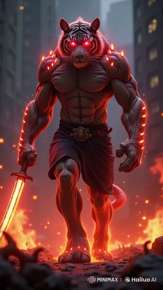 Mutant Tiger Walks Through Fiery Apocalypse Cityscape – AI Generated Video | Hailuo AI